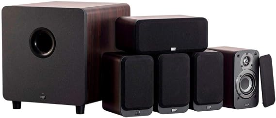 Monoprice HT-35 Premium 5.1-Channel Home Theater System - Espresso, with Powered Subwoofer, Low Profile Speaker Grilles, Secure Mounting Option, SaddleBrown (139358)