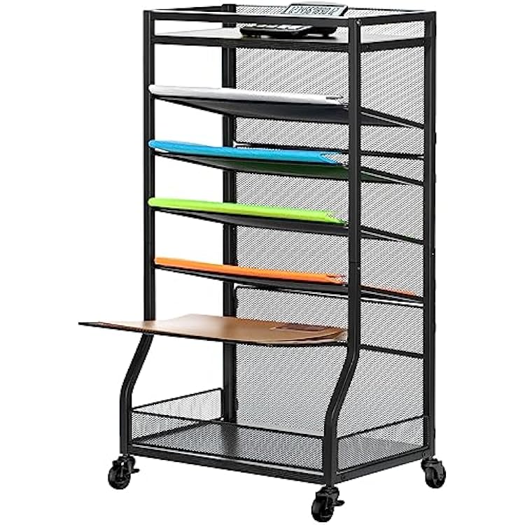 ThreeHio 7 Tier Rolling File Cart with Sliding Trays, Wood Metal File Organizer Beside Desk, Free-Standing File Holder, Paper Letter Tray Organizer Mesh Desk Organizer for Home Office School Patent