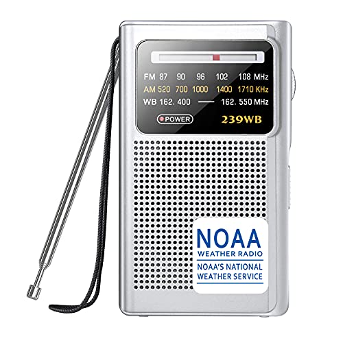 Greadio NOAA Weather Radio, AMFM Battery Operated Transistor Portable Radio with Best Reception,Stereo Earphone Jack,Powered by 2 AA Battery for Emergency,Hurricane,Running, Walking,Home Silver