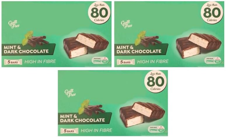 Mint and Dark Chocolate Bars, Less Than 80 Calories, High in Fibre, Guilt Free, 5 Bars x 20g, Pack of 3, Suitable for Vegetarians