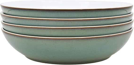 Denby - Regency Green Pasta Bowls Set of 4 - Dishwasher Microwave Safe Crockery 1050ml 22cm - Green, White Ceramic Stoneware Tableware - Chip & Crack Resistant