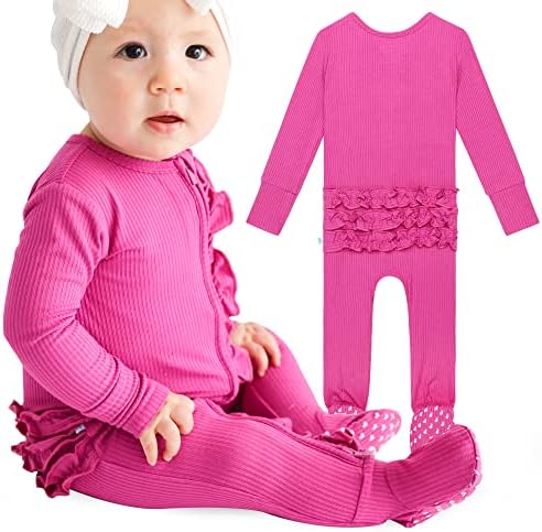 Posh Peanut Ruffled Viscose from Bamboo Baby Pajamas  2 Way Zipper Sleepers - Lightweight Baby Clothes for Girls with Designer Footie Grips 9-12 Months Solid Ribbed Posh Violet