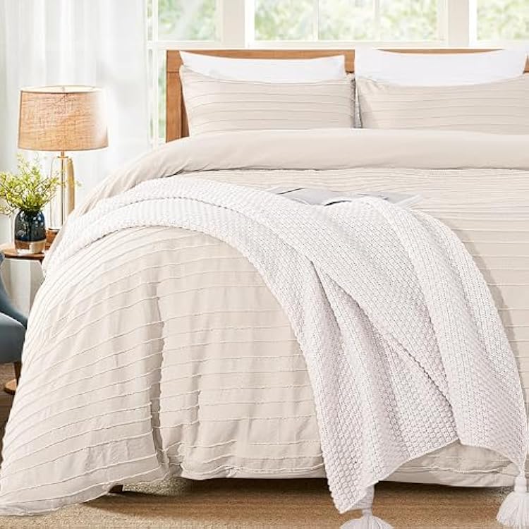NEXHOME PRO Twin Duvet Cover,Beige 2 Pieces Boho Tufted Duvet Cover Set, Soft and Lightweight 100% Washed Microfiber Comforter Cover Set for All SeasonBeige Twin, 66 x 90-No Comforter