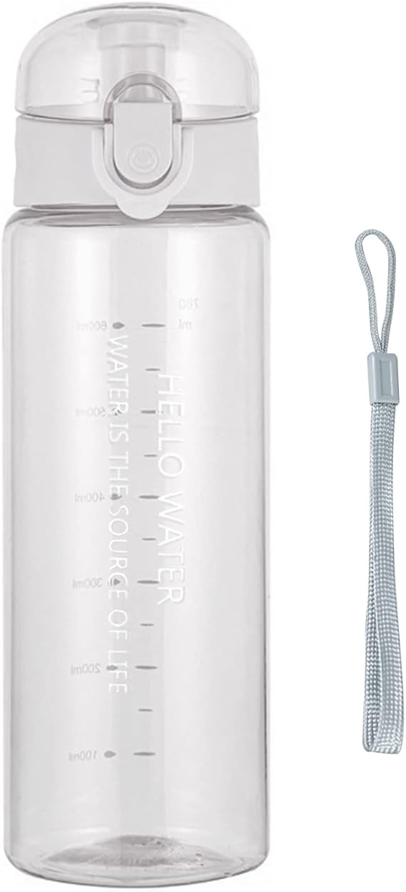 Water Bottle Sports Water Bottle, Reusable Clear Water Bottle, Plastic Water Bottles with Carrying Strap, Leak-Proof Flip Top Drink Bottles for Travel Gym (26oz, White)
