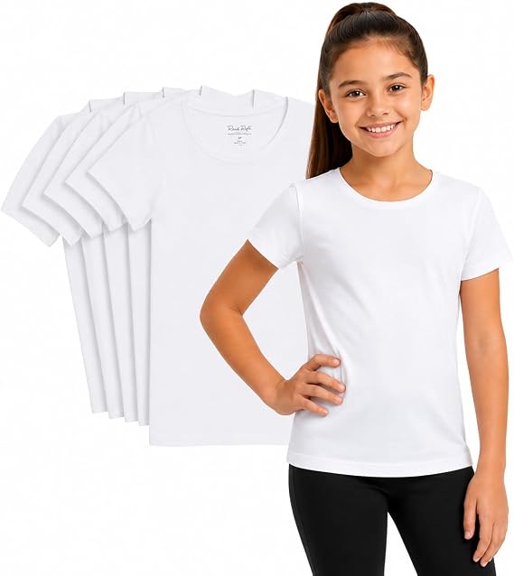 Rene Rofe Girls Undershirts - 6 Pack Soft Cotton Tag Free Crew Neck Short Sleeve Shirts Girls T Shirts for School and Play