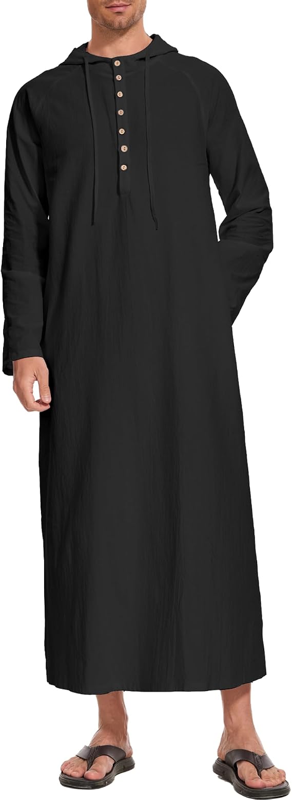 NANAMEEI Thobe for Men Linen Hooded Kaftan Big and Tall Arabic Thobe Caftan
