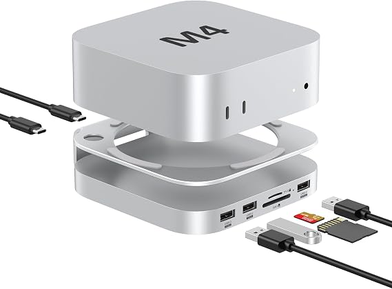 Akyyajaure Mac mini Hub: 9 in 1 Aluminum Stand & Dock for Mac mini M4 Pro with M.2 NVMe SSD Enclosure, 10Gbps USB-A*2, SD/TF Card Readers, USB 2.0