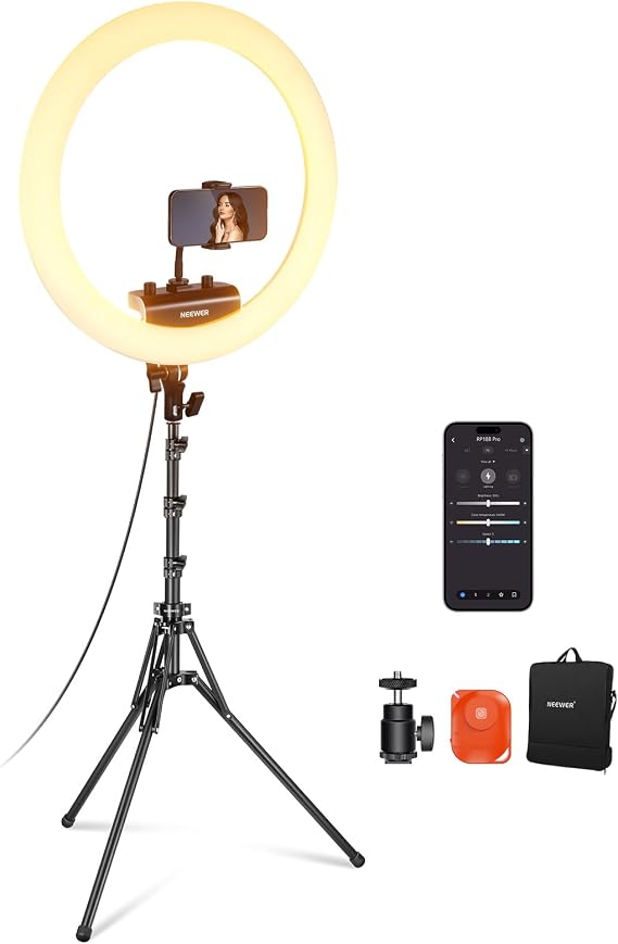 NEEWER 18 inch Ring Light with Tripod Stand and Phone Holder, Ultra Thin Video Ringlight 2900K-7000K TLCI98 App Control, Softer Lighting for Lash Tattoo Makeup Live Stream TikTok, RP18B Pro White