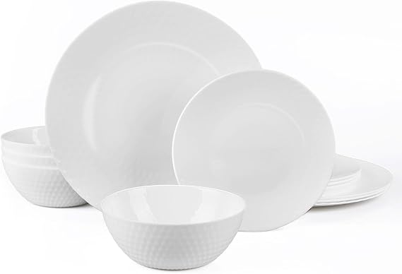 LaGlint Dinnerware Sets for 4, 12 Piece White Opal Glass Dish Set