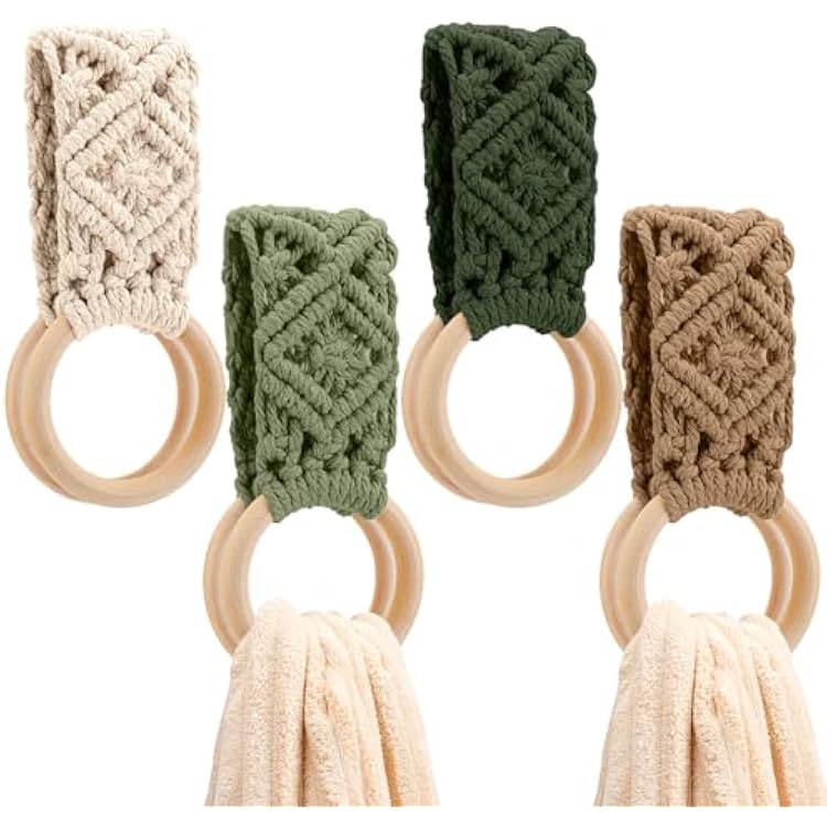 Tioncy 4 Pcs Kitchen Dish Towel Holder Gifts Boho Handmade Crochet Hanging Towels Loop Ring Knit Towel Hanger for Cabinet House Oven Stove Door, 4 ColorsSage Green