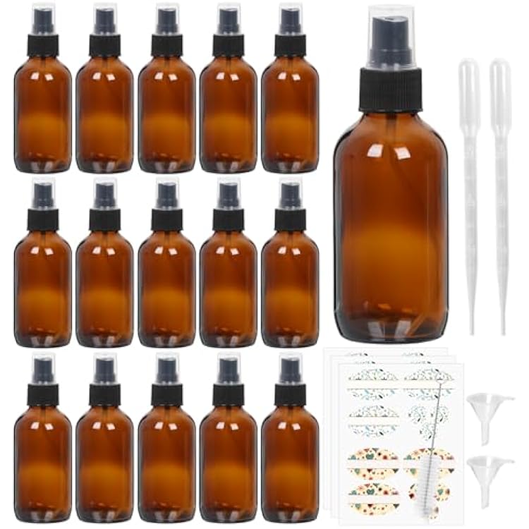 STARSIDE 16 Pack 4 oz Amber Glass Spray Bottles with Fine Mist Sprayer & Dust Cap for Essential Oils, Perfumes,Cleaning Products, 120 ml Fine Mist Glass Spray Bottle