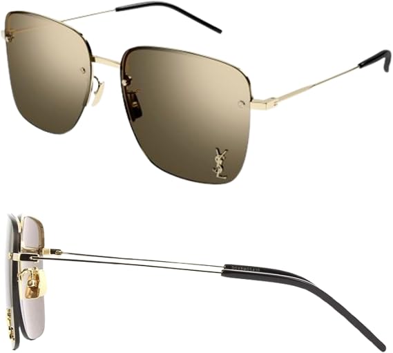 San Laurenz L SL 312 M YSL Logo Lens Square Shape Sunglasses eSHADES Luxury Eyewear Kit Bundle, Gold Frame | Brown Lens