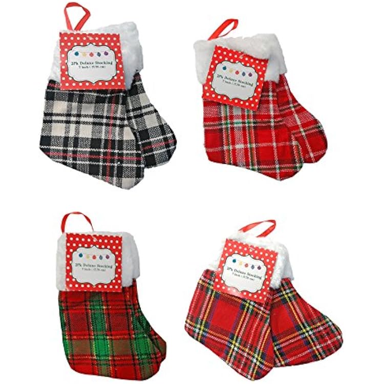 Black Duck Brand Set of 8-7 Christmas Themed Plaid Stockings! Hanging Loops - Perfect for Your Tree or Mantel!