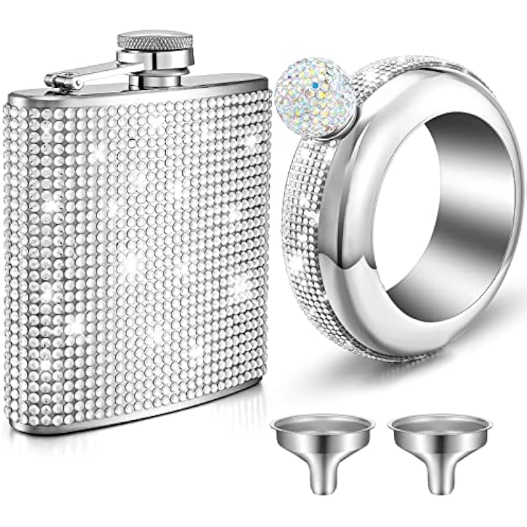 Yaomiao 2 Pcs Flask for Women Creative Bangle Bracelet Bottle 3.5 oz 6 oz Rhinestone Water Bottle Diamond Bottles 304 Stainless Steel Hip Container Funnel Set for SportSilver