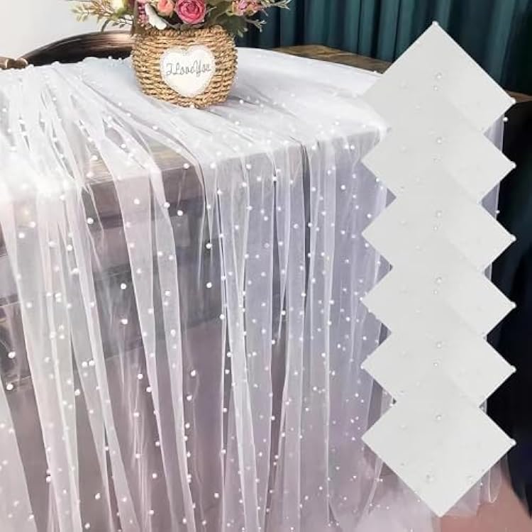 6 Pieces Pearl Tulle Tablecloth White Table Cloth Pearl Sheer Tulle Table Cover Wedding Veil for Wedding Arch Dessert Table Decorations