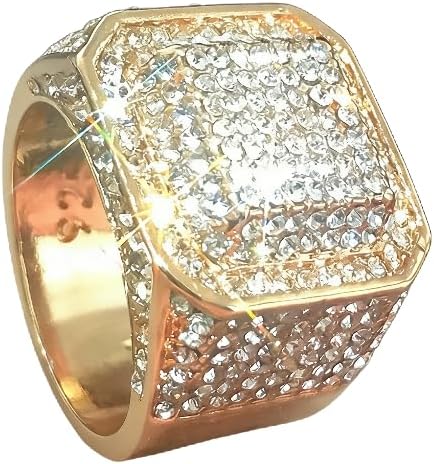 QUSIIOSLK 925 Sterling Silver Luxury Full Diamond Square Ring Iced Out Cubic Zirconia Rhinestone Ring Hip Hop Rock Gold Plated Bling Statement Ring Wide Band for Men (Size-7)