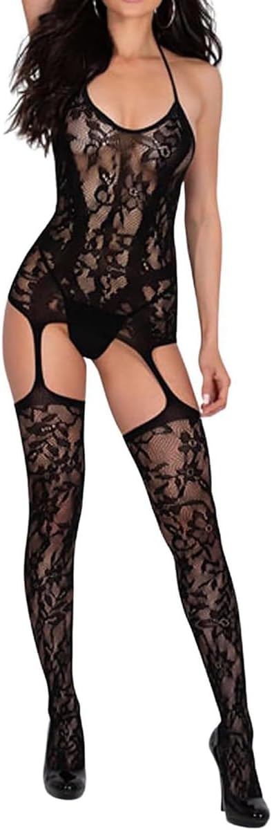 Womens Fishnet Bodystocking Sexy Lingerie Halter Bodysuit with Suspenders Mesh Body Stocking Stretchy Tights