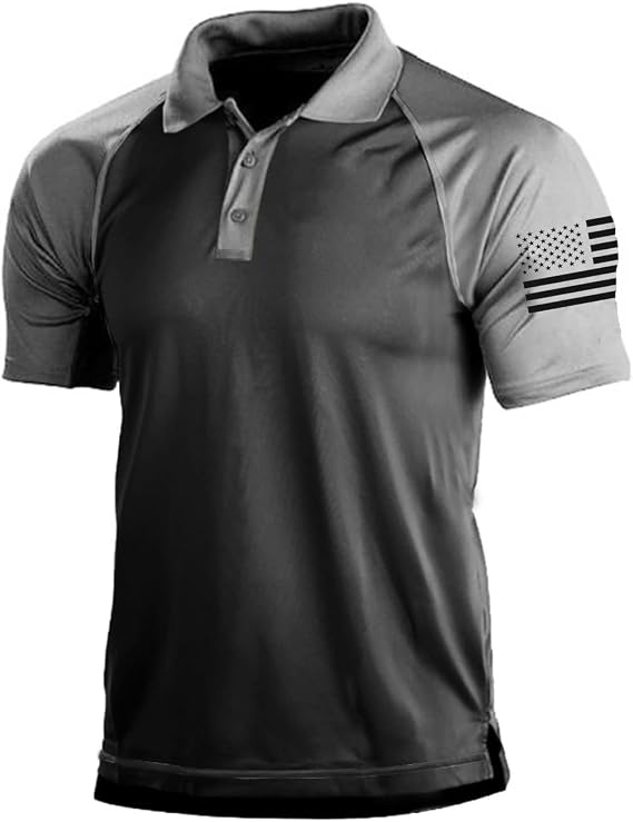 H HYFOL Short Sleeve Polo Shirts for Men Graphic Stretch Casual American Patriotic Raglan Golf Polos for Men