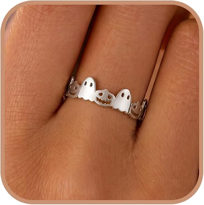 Cute Halloween Pumpkin Lantern Jack-O-Lantern Ghost Ring | 925 Sterling Silver 14K Gold Plated Wide Band Rings for Women Men Halloween Party Spooky Jewelry Accessory Gifts