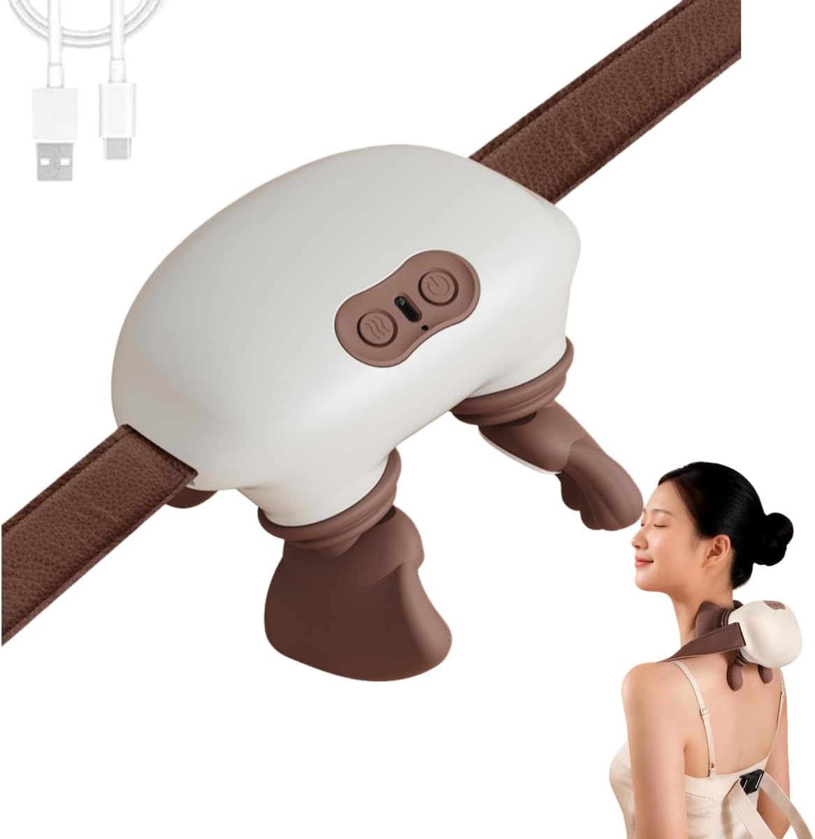 Neck Massager,Massage Neck,Real Hands Massager,Kneading Massager N4,Tissue Shiatsu Electric Massage Master for Shoulder,Rechargeable USB-C, for Necks, Back (Beige)