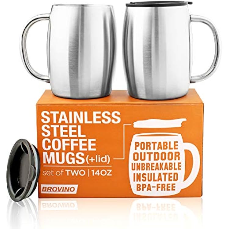 Stainless Steel Coffee Mugs with Lid Set of 2 - 14 oz Double Walled Steel Coffee Glasses with Lid & Handle - Travel, Outdoor, Camping - Vacuum, Shatterproof, Durable