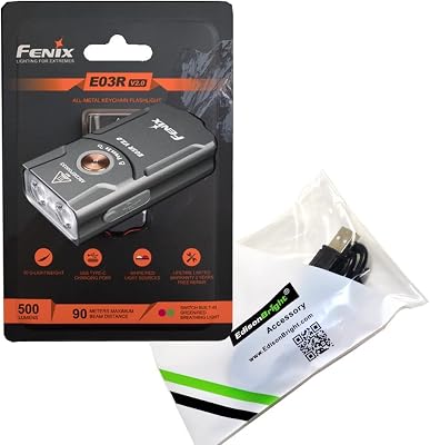 EdisonBright Fenix E03R V2 USB Rechargeable 500 Lumen LED Keychain Flashlight, Brand USB Charging Cable Bundle