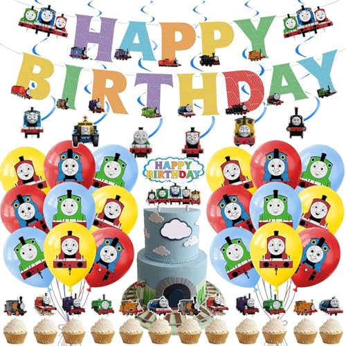 Thomas Birthday Party Decoration, Include Train Theme Birthday Banner, Cake Topper, Latex Balloons, Hanging Swirls, for Thomas Train Theme Kids Party Supplies, Baby Shower