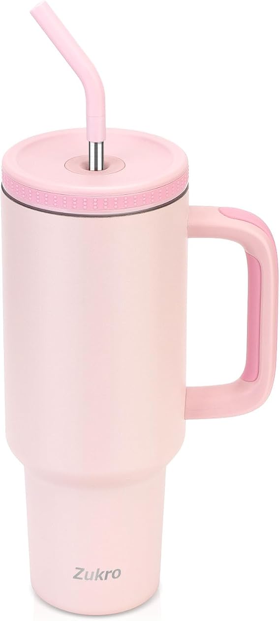 Zukro 40oz Glass with Handle and Straw, Twilight Pink
