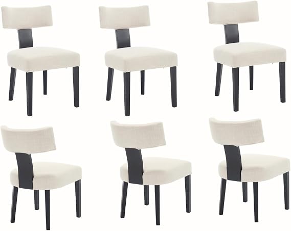 Black Wood Dining Chairs Set of 6- Modern Upholstered Accent Dining Room & Kitchen Chairs, Beige Linen Seat and Mid Back, Farmhouse Armless Side Chair for Home Office/Living Room/Restaurant