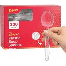 GUSTO Heavy Duty Clear Plastic Soup Spoons [300 Count] Disposable BPA Free Utensils with Engraved Design for Parties, Catering & Everyday Use (Formerly Comfy Package)