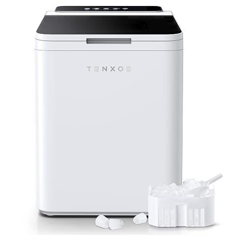 Ice Makers Countertop Machine - TENXOE Portable Ice Maker Compact Self-Cleaning with Scoop and Basket, 26lbs in 24 Hours, 9 Bullet Ice Cubes Ready in 8 Mins, Perfect for Home/Office/Party, White