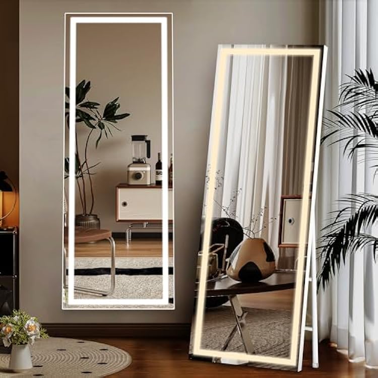 Full Length Mirror with Light, 58x18 LED Lighted, Full Body, Free Standing & Wall Mounted for Bedroom, Dressing Room, Hotel, Salon, with Dimming & 3 Color Modes Touch Control, White