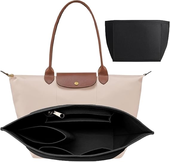 Bag Insert Organizer, Purse Insert Organizer With Zipper,Multi-Pocket Felt Handbag Organizer for Insert Wallet Organizer, Folding Tote Bag organizer insert for Longchamp (Black, L)