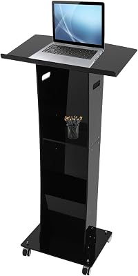 Acrylic Podium Stand with Wheels, 48H Portable Lecterns & Podiums with Storage Shelf, Presentation Podium, Lectern Standing Pulpit for Churches, Conference, Speeches, ClassroomBlack