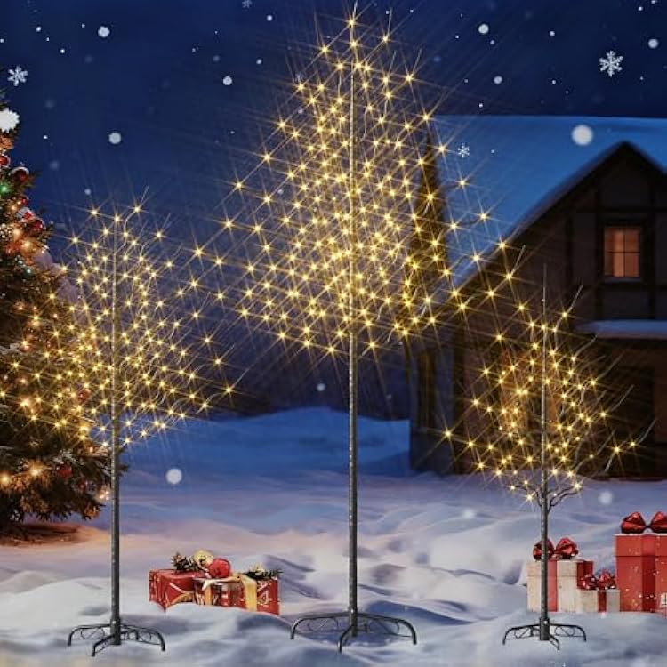 Outdoor Christmas Decorations Lighted Tree Set of 3, Light Christmas Tree Including 4 feet, 6 feet, and 8 feet, Christmas Tree Decorations with Warm White LED, Black Metal Branch for Holiday