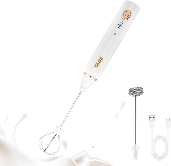 DSP Electric Whisk Rechargeable with Egg whisk milk frothing bar, 3 Speed Adjustable, Milk Frother Handheld for Latte, Cappuccino (White)