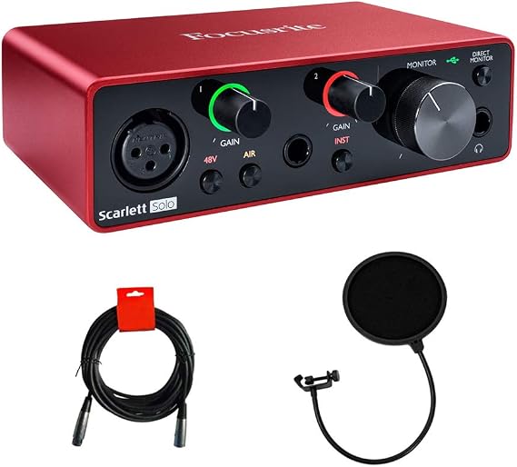 Focusrite Scarlett Solo 3rd Gen USB Audio Interface Bundle with 25-Feet XLR Male to XLR Female Microphone Cable, and Pop Filter for Broadcasting and Recording Microphones (3 Items) | 25-Feet XLR Male to XLR Female Microphone Cable, Pop Filter for Broadcasting and Recording Microphones, (3 items)