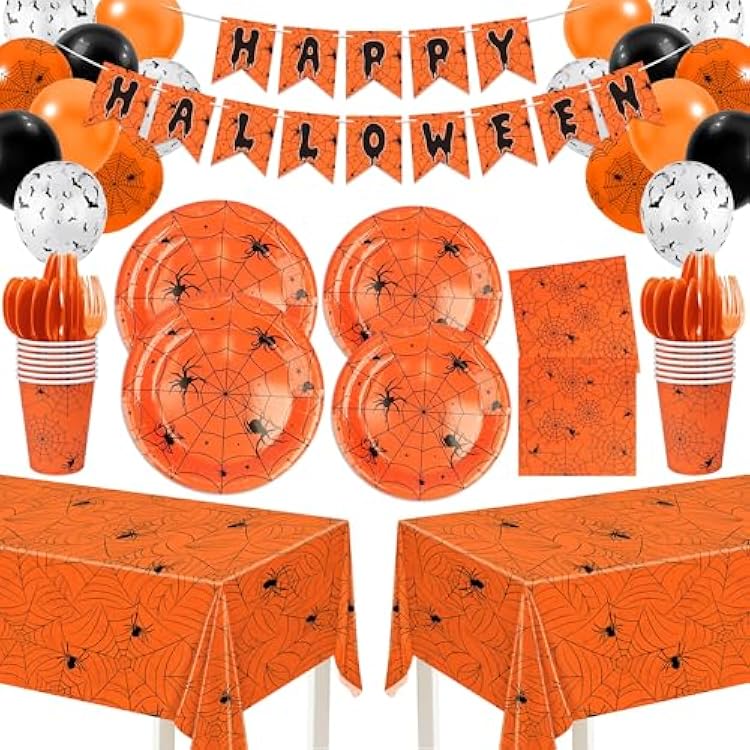 207Pcs Halloween Spiderweb Party Tableware Set - Disposable Dinnerware with Plates, Cutlery, Cups, Napkins, Tablecloth, Balloons & Banner for Halloween Birthday Baby Shower Party Decor Orange