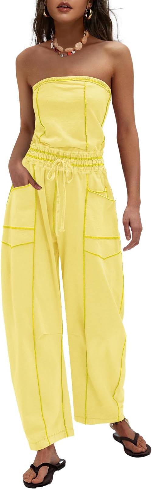 LAMISSCHE Womens Casual Strapless Jumpsuits off the Shoulder Summer Rompers Sleeveless One Piece Outfits with Pockets