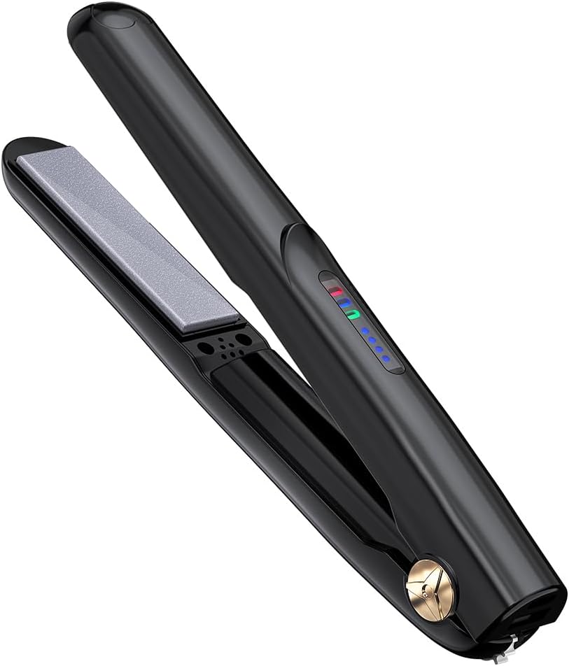 Cordless Hair Straightener and Curler 2 in 1 Ceramic Flat Iron Mini Wireless Portable Travel Hot Tools Straight Curl for Women Men USB Rechargeable with Pouch Black