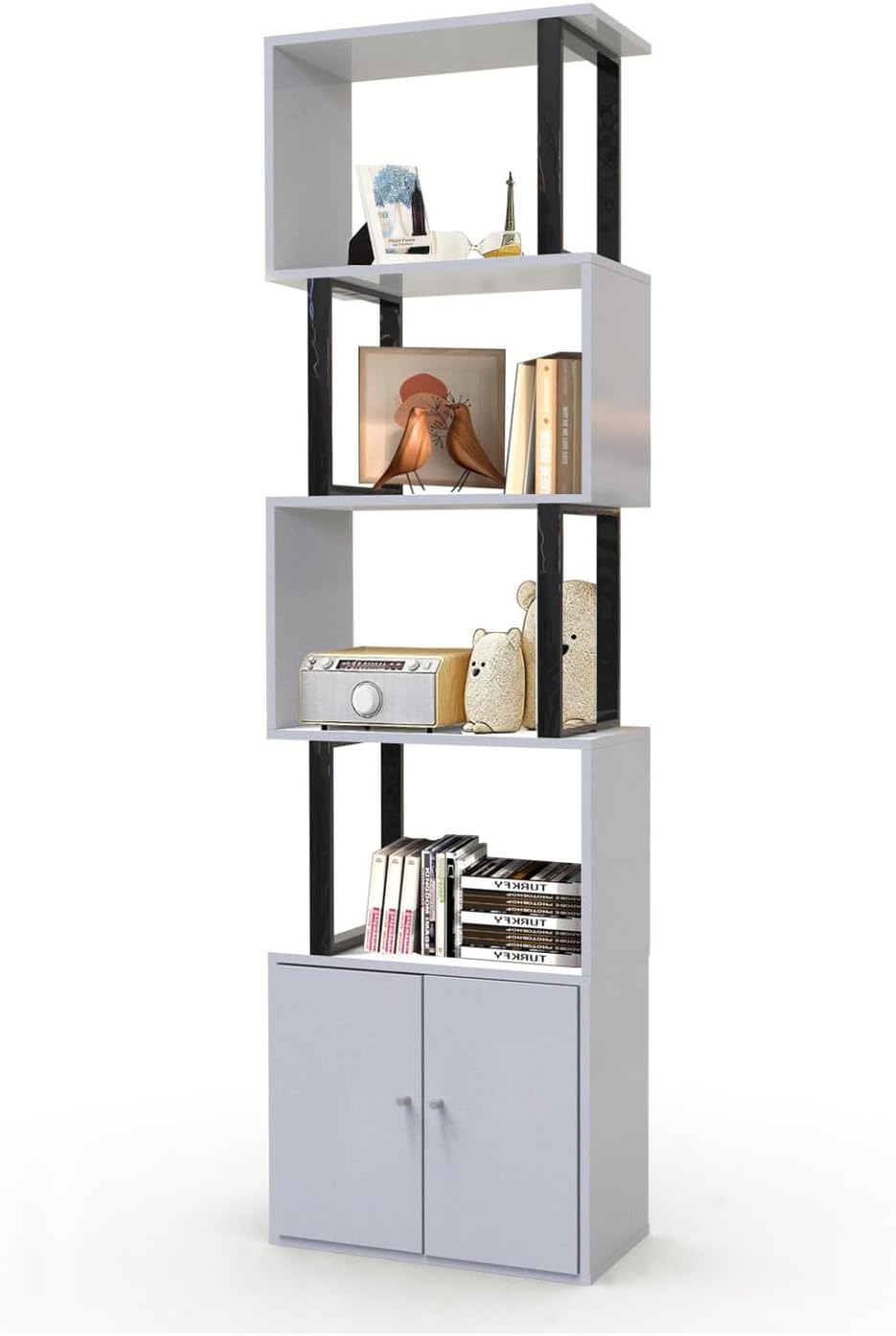 5-Tier S-Shaped Z-Style Bookshelf Display Rack with Storage Cabinet, White Freestanding Storage Shelf for Living Room Home Office, 23.62×11.81×72.83"