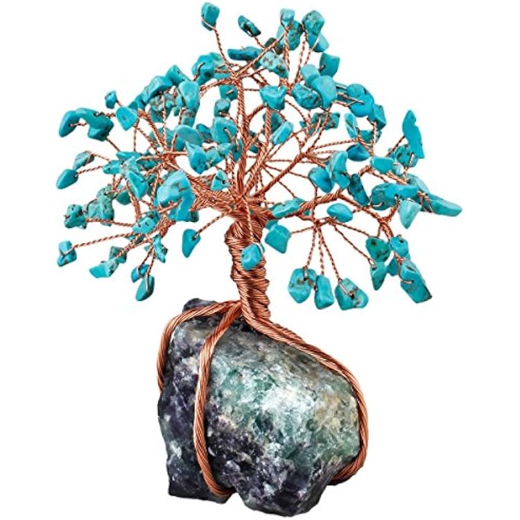 SUNYIK Green Howlite Turquoise Money Tree Wrapped on Fluorite Cluster Base Bonsai Sculpture Figurine 3.5 Inches