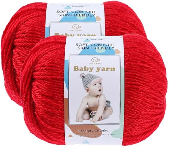 Baby Knitted Yarn - Merino Wool 10%, Cotton 40%, Nylon 50% Blended Soft Yarn Ball Suitable for Crochet Knitting, Baby Blankets and Clothes (Approximately 1.76 OZ/160 Yards)[2 Ball Set] (Red)
