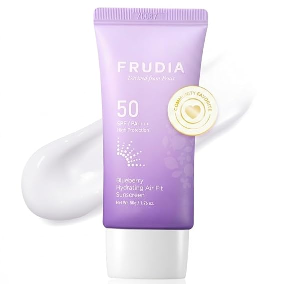 FRUDIA Blueberry Hydrating Air Fit Sunscreen SPF 50 PA++++, 1.76 Oz | Noncomedogenic, Ultra Lightweight Broad Spectrum Korean Face Sunscreen with Triple Hyaluronic Acid, Panthenol
