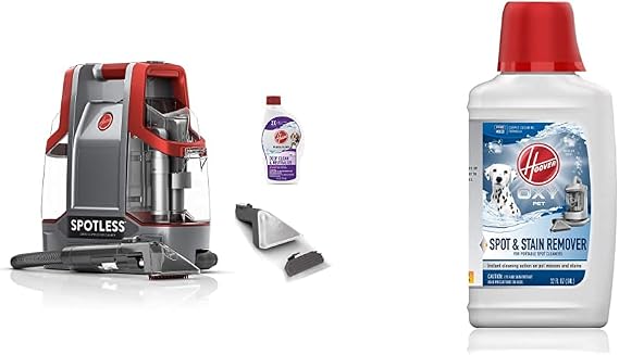 Hoover Spotless Portable Carpet & Upholstery Spot Cleaner, FH11300PC, Red and Hoover Oxy Premixed Spot Cleaner Solution, Stain Remover and Odor Neutralizer for Pets, 32oz Formula, AH30941