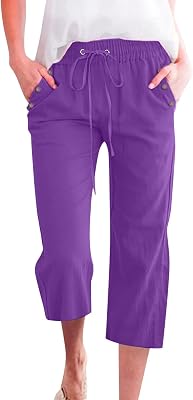 Capri Pants for Women Casual 2025 Summer Drawstring Elastic High Waist Linen Pant Straight Wide Leg Cropped Trouser