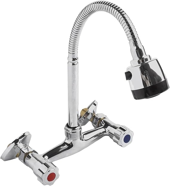 Two Handle Wall Mounted Kitchen Sink Faucet with 360 Degree Rotatable Spout Chrome Mixer Tap