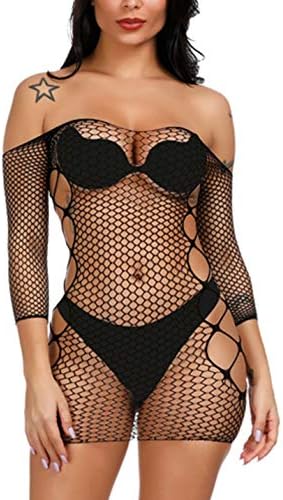 Women Fishnet Lingerie Babydoll Halter Stretch Chemise Bodysuit One Size Mini Dress
