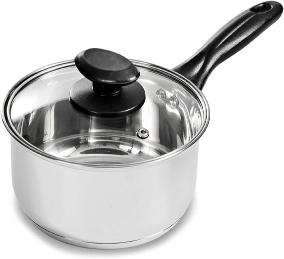 Blackmoor 16cm Stainless Steel Saucepan/Tempered Glass Lid with Steam Vent/PFAS-Free/Suitable for All Hob Types Including Induction/Necessities Range 69819