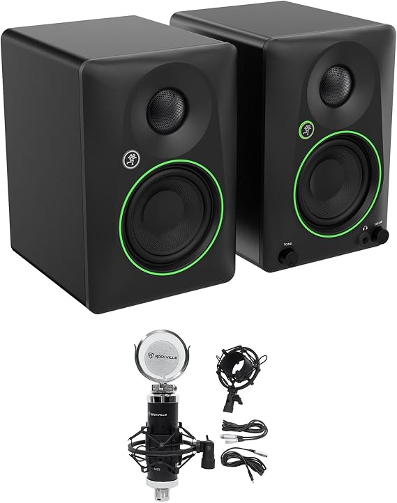 Audiosavings Bundle: Pair of Mackie CR3.5 3.5" Powered Studio Monitors with Tone Control Bundle with Rockville RCM03 Pro Studio Recording Condenser Microphone with a Metal Shock Mount (2 Items)